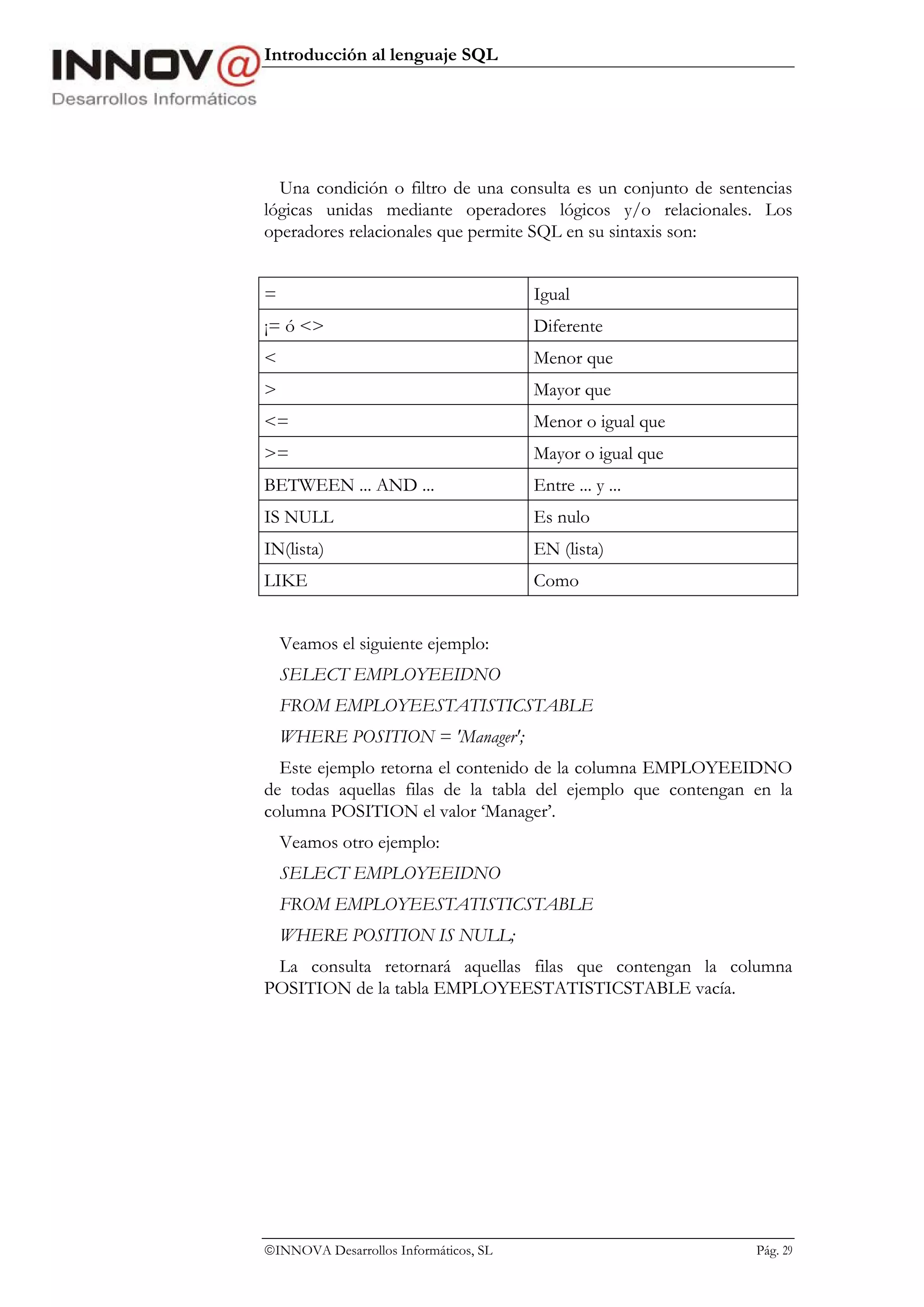 Introducción al lenguaje SQL




  Una condición o filtro de una consulta es un conjunto de sentencias
lógicas unidas mediante operadores lógicos y/o relacionales. Los
operadores relacionales que permite SQL en su sintaxis son:


=                                      Igual
¡= ó <>                                Diferente
<                                      Menor que
>                                      Mayor que
<=                                     Menor o igual que
>=                                     Mayor o igual que
BETWEEN ... AND ...                    Entre ... y ...
IS NULL                                Es nulo
IN(lista)                              EN (lista)
LIKE                                   Como


    Veamos el siguiente ejemplo:
    SELECT EMPLOYEEIDNO
    FROM EMPLOYEESTATISTICSTABLE
    WHERE POSITION = 'Manager';
  Este ejemplo retorna el contenido de la columna EMPLOYEEIDNO
de todas aquellas filas de la tabla del ejemplo que contengan en la
columna POSITION el valor ‘Manager’.
    Veamos otro ejemplo:
    SELECT EMPLOYEEIDNO
    FROM EMPLOYEESTATISTICSTABLE
    WHERE POSITION IS NULL;
 La consulta retornará aquellas filas que contengan la columna
POSITION de la tabla EMPLOYEESTATISTICSTABLE vacía.




INNOVA Desarrollos Informáticos, SL                            Pág. 29
 