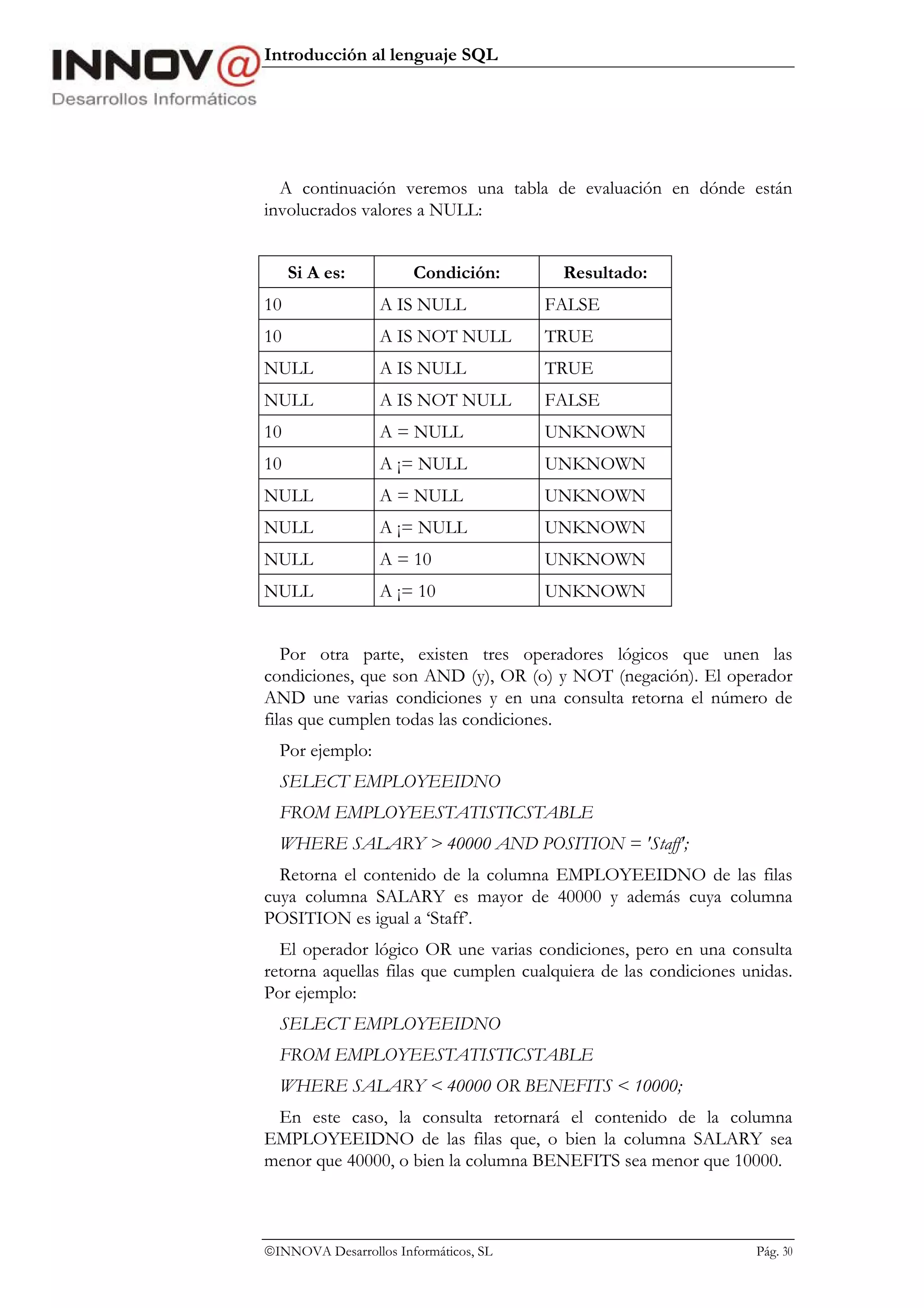 Introducción al lenguaje SQL




  A continuación veremos una tabla de evaluación en dónde están
involucrados valores a NULL:


     Si A es:          Condición:       Resultado:
10                A IS NULL            FALSE
10                A IS NOT NULL        TRUE
NULL              A IS NULL            TRUE
NULL              A IS NOT NULL        FALSE
10                A = NULL             UNKNOWN
10                A ¡= NULL            UNKNOWN
NULL              A = NULL             UNKNOWN
NULL              A ¡= NULL            UNKNOWN
NULL              A = 10               UNKNOWN
NULL              A ¡= 10              UNKNOWN


   Por otra parte, existen tres operadores lógicos que unen las
condiciones, que son AND (y), OR (o) y NOT (negación). El operador
AND une varias condiciones y en una consulta retorna el número de
filas que cumplen todas las condiciones.
  Por ejemplo:
  SELECT EMPLOYEEIDNO
  FROM EMPLOYEESTATISTICSTABLE
  WHERE SALARY > 40000 AND POSITION = 'Staff';
  Retorna el contenido de la columna EMPLOYEEIDNO de las filas
cuya columna SALARY es mayor de 40000 y además cuya columna
POSITION es igual a ‘Staff’.
  El operador lógico OR une varias condiciones, pero en una consulta
retorna aquellas filas que cumplen cualquiera de las condiciones unidas.
Por ejemplo:
  SELECT EMPLOYEEIDNO
  FROM EMPLOYEESTATISTICSTABLE
  WHERE SALARY < 40000 OR BENEFITS < 10000;
 En este caso, la consulta retornará el contenido de la columna
EMPLOYEEIDNO de las filas que, o bien la columna SALARY sea
menor que 40000, o bien la columna BENEFITS sea menor que 10000.



INNOVA Desarrollos Informáticos, SL                               Pág. 30
 