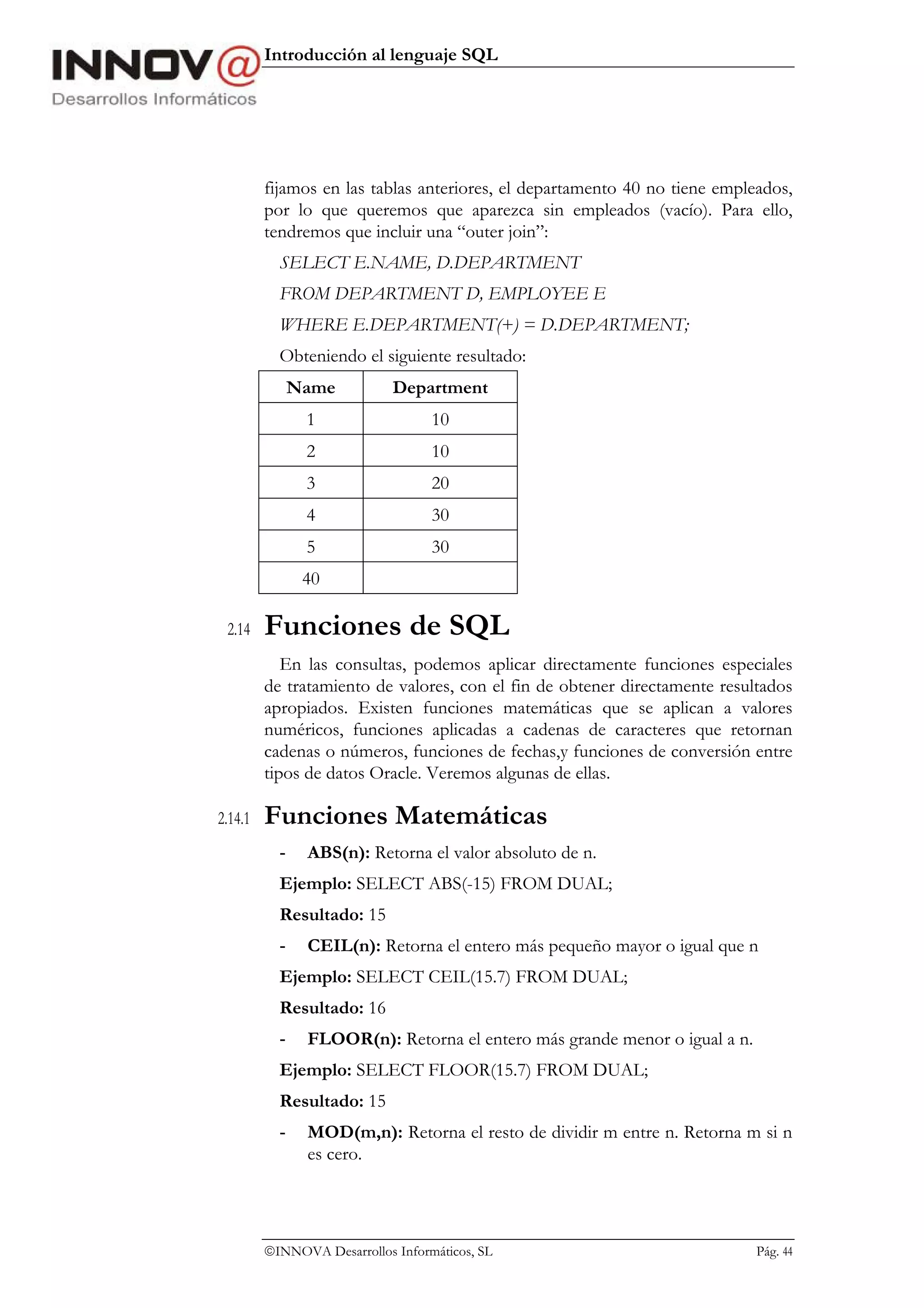 Introducción al lenguaje SQL




         fijamos en las tablas anteriores, el departamento 40 no tiene empleados,
         por lo que queremos que aparezca sin empleados (vacío). Para ello,
         tendremos que incluir una “outer join”:
           SELECT E.NAME, D.DEPARTMENT
           FROM DEPARTMENT D, EMPLOYEE E
           WHERE E.DEPARTMENT(+) = D.DEPARTMENT;
           Obteniendo el siguiente resultado:
               Name          Department
                1                  10
                2                  10
                3                  20
                4                  30
                5                  30
                40

 2.14    Funciones de SQL
            En las consultas, podemos aplicar directamente funciones especiales
         de tratamiento de valores, con el fin de obtener directamente resultados
         apropiados. Existen funciones matemáticas que se aplican a valores
         numéricos, funciones aplicadas a cadenas de caracteres que retornan
         cadenas o números, funciones de fechas,y funciones de conversión entre
         tipos de datos Oracle. Veremos algunas de ellas.

2.14.1   Funciones Matemáticas
           -    ABS(n): Retorna el valor absoluto de n.
           Ejemplo: SELECT ABS(-15) FROM DUAL;
           Resultado: 15
           -    CEIL(n): Retorna el entero más pequeño mayor o igual que n
           Ejemplo: SELECT CEIL(15.7) FROM DUAL;
           Resultado: 16
           -    FLOOR(n): Retorna el entero más grande menor o igual a n.
           Ejemplo: SELECT FLOOR(15.7) FROM DUAL;
           Resultado: 15
           -    MOD(m,n): Retorna el resto de dividir m entre n. Retorna m si n
                es cero.




         INNOVA Desarrollos Informáticos, SL                               Pág. 44
 
