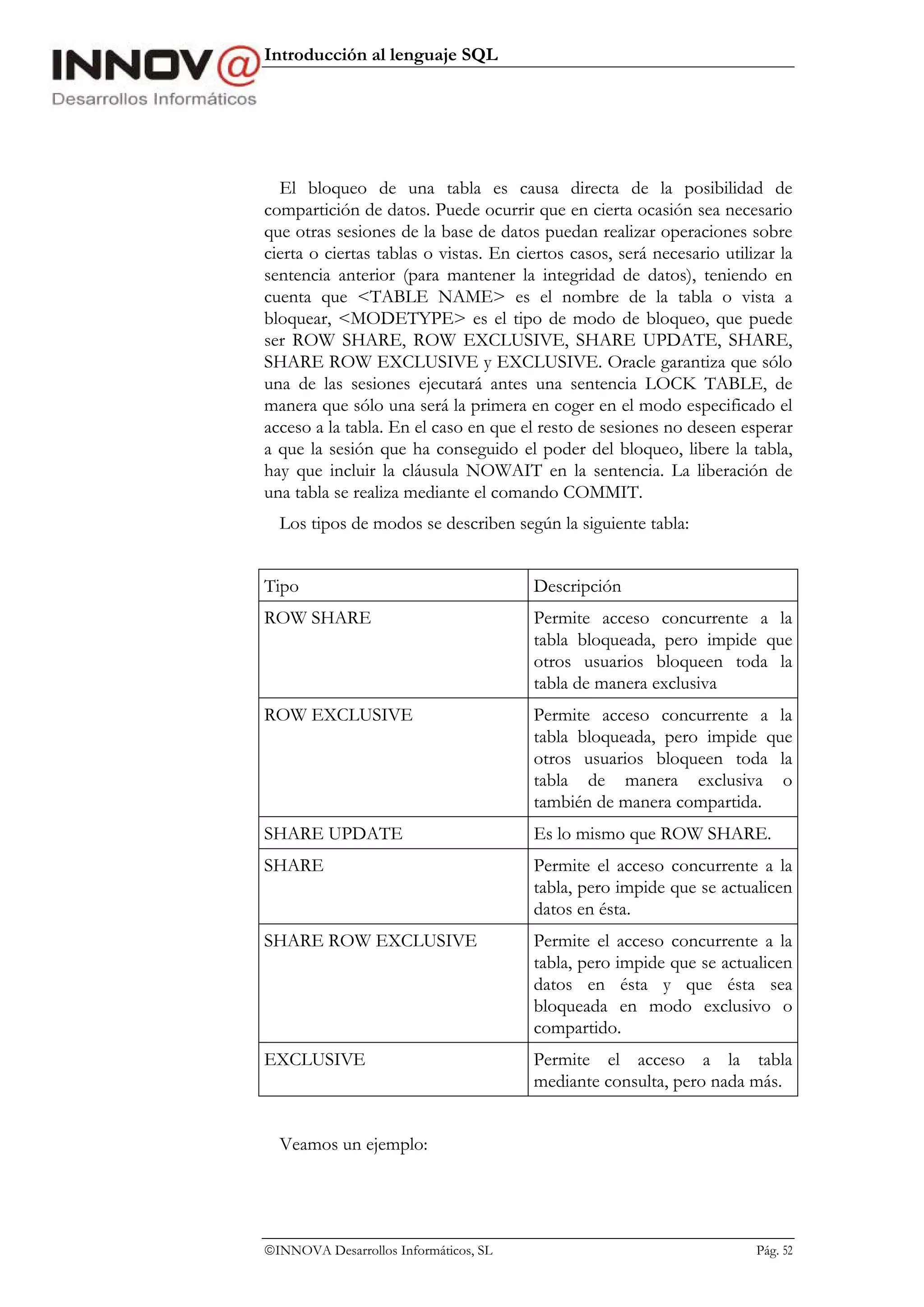Introducción al lenguaje SQL




  El bloqueo de una tabla es causa directa de la posibilidad de
compartición de datos. Puede ocurrir que en cierta ocasión sea necesario
que otras sesiones de la base de datos puedan realizar operaciones sobre
cierta o ciertas tablas o vistas. En ciertos casos, será necesario utilizar la
sentencia anterior (para mantener la integridad de datos), teniendo en
cuenta que <TABLE NAME> es el nombre de la tabla o vista a
bloquear, <MODETYPE> es el tipo de modo de bloqueo, que puede
ser ROW SHARE, ROW EXCLUSIVE, SHARE UPDATE, SHARE,
SHARE ROW EXCLUSIVE y EXCLUSIVE. Oracle garantiza que sólo
una de las sesiones ejecutará antes una sentencia LOCK TABLE, de
manera que sólo una será la primera en coger en el modo especificado el
acceso a la tabla. En el caso en que el resto de sesiones no deseen esperar
a que la sesión que ha conseguido el poder del bloqueo, libere la tabla,
hay que incluir la cláusula NOWAIT en la sentencia. La liberación de
una tabla se realiza mediante el comando COMMIT.
  Los tipos de modos se describen según la siguiente tabla:


Tipo                                   Descripción
ROW SHARE                              Permite acceso concurrente a la
                                       tabla bloqueada, pero impide que
                                       otros usuarios bloqueen toda la
                                       tabla de manera exclusiva
ROW EXCLUSIVE                          Permite acceso concurrente a la
                                       tabla bloqueada, pero impide que
                                       otros usuarios bloqueen toda la
                                       tabla de manera exclusiva o
                                       también de manera compartida.
SHARE UPDATE                           Es lo mismo que ROW SHARE.
SHARE                                  Permite el acceso concurrente a la
                                       tabla, pero impide que se actualicen
                                       datos en ésta.
SHARE ROW EXCLUSIVE                    Permite el acceso concurrente a la
                                       tabla, pero impide que se actualicen
                                       datos en ésta y que ésta sea
                                       bloqueada en modo exclusivo o
                                       compartido.
EXCLUSIVE                              Permite el acceso a la tabla
                                       mediante consulta, pero nada más.


  Veamos un ejemplo:




INNOVA Desarrollos Informáticos, SL                                    Pág. 52
 