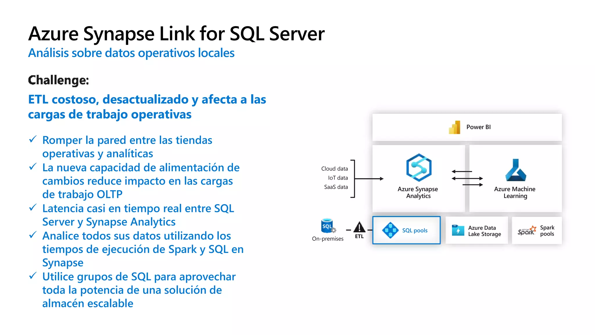  Romper la pared entre las tiendas
operativas y analíticas
 La nueva capacidad de alimentación de
cambios reduce impacto en las cargas
de trabajo OLTP
 Latencia casi en tiempo real entre SQL
Server y Synapse Analytics
 Analice todos sus datos utilizando los
tiempos de ejecución de Spark y SQL en
Synapse
 Utilice grupos de SQL para aprovechar
toda la potencia de una solución de
almacén escalable
Azure Synapse Link for SQL Server
On-premises
Azure Synapse
Analytics
Azure Machine
Learning
Azure Data
Lake Storage
Power BI
Cloud data
IoT data
SaaS data
ETL
SQL pools
Spark
pools
Análisis sobre datos operativos locales
ETL costoso, desactualizado y afecta a las
cargas de trabajo operativas
 