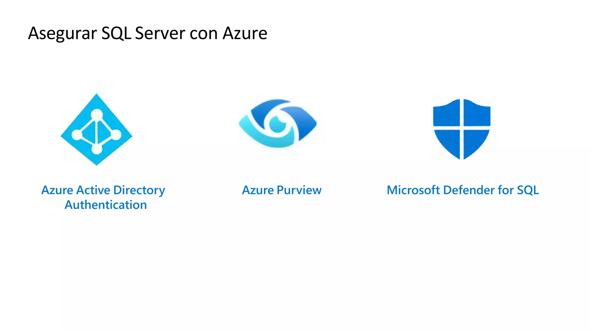 Azure Purview Microsoft Defender for SQL
Azure Active Directory
Authentication
Asegurar SQL Server con Azure
 
