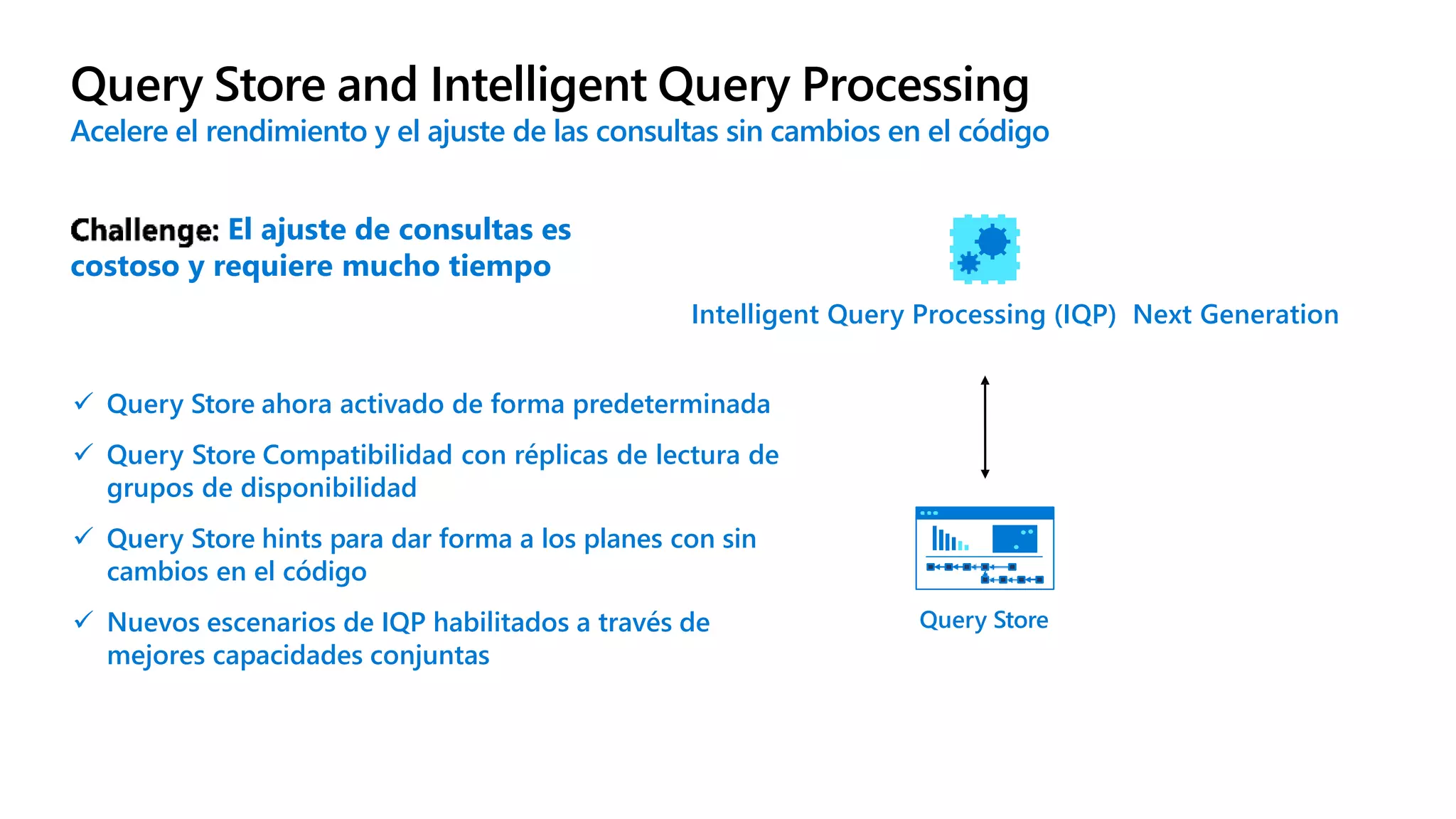 Query Store and Intelligent Query Processing
Acelere el rendimiento y el ajuste de las consultas sin cambios en el código
Query Store
 Query Store ahora activado de forma predeterminada
 Query Store Compatibilidad con réplicas de lectura de
grupos de disponibilidad
 Query Store hints para dar forma a los planes con sin
cambios en el código
 Nuevos escenarios de IQP habilitados a través de
mejores capacidades conjuntas
El ajuste de consultas es
costoso y requiere mucho tiempo
Intelligent Query Processing (IQP) Next Generation
 
