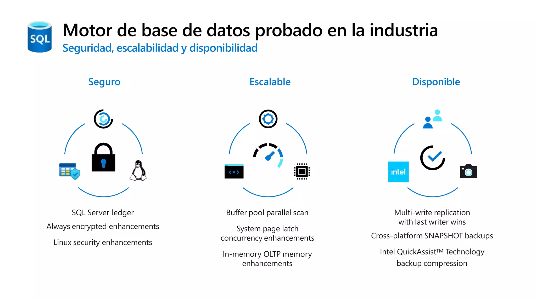 Motor de base de datos probado en la industria
Seguridad, escalabilidad y disponibilidad
Escalable
Buffer pool parallel scan
System page latch
concurrency enhancements
In-memory OLTP memory
enhancements
Disponible
Multi-write replication
with last writer wins
Cross-platform SNAPSHOT backups
Intel QuickAssistTM Technology
backup compression
Seguro
SQL Server ledger
Always encrypted enhancements
Linux security enhancements
 