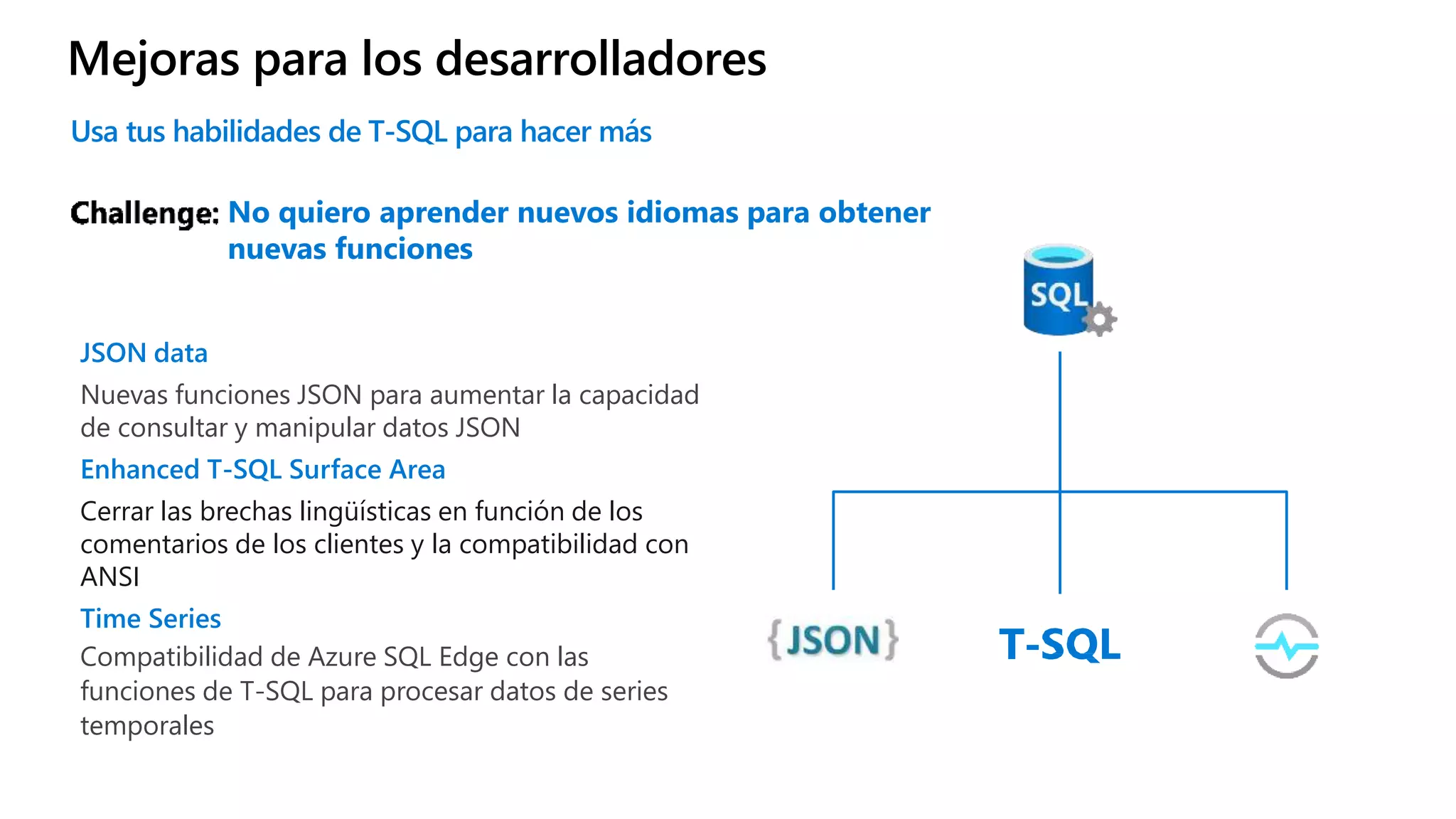 Usa tus habilidades de T-SQL para hacer más
No quiero aprender nuevos idiomas para obtener
nuevas funciones
JSON data
Nuevas funciones JSON para aumentar la capacidad
de consultar y manipular datos JSON
Enhanced T-SQL Surface Area
Cerrar las brechas lingüísticas en función de los
comentarios de los clientes y la compatibilidad con
ANSI
Time Series
Compatibilidad de Azure SQL Edge con las
funciones de T-SQL para procesar datos de series
temporales
Mejoras para los desarrolladores
 