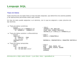 Lenguaje SQL

Tipos de Datos

Cada columna de una tabla tiene un tipo de dato asignado, que determina los valores posibles...