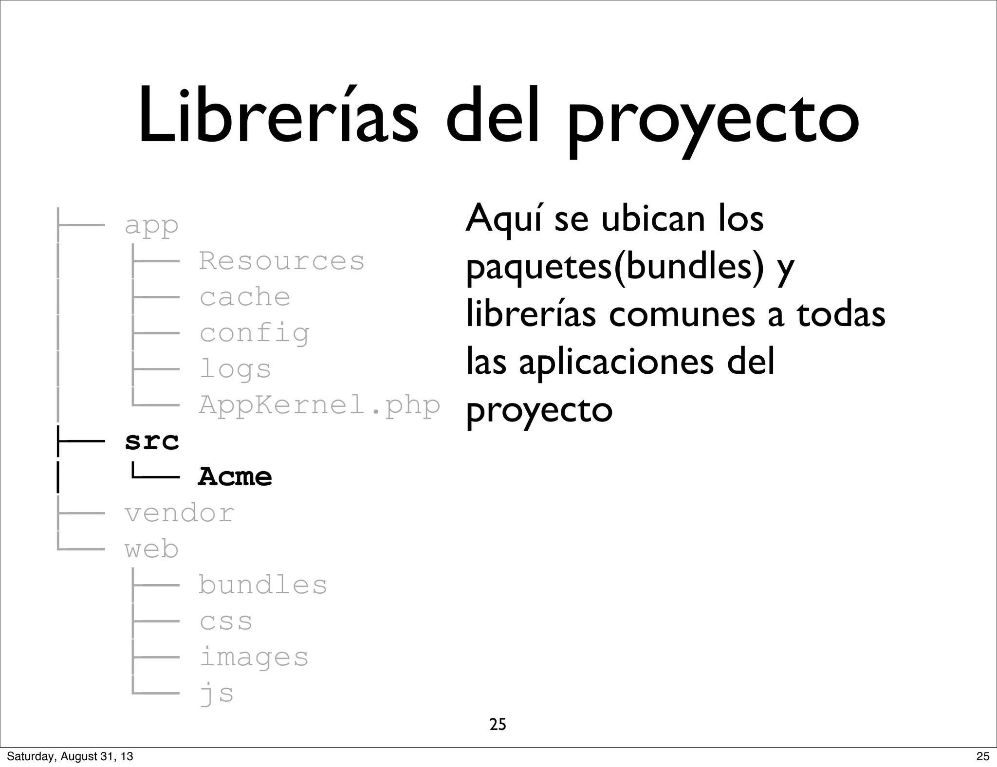 ├── app
│ ├── Resources
│ ├── cache
│ ├── config
│ ├── logs
│ └── AppKernel.php
├── src
│ └── Acme
├── vendor
└── web
├── bundles
├── css
├── images
└── js
Aquí se ubican los
paquetes(bundles) y
librerías comunes a todas
las aplicaciones del
proyecto
Librerías del proyecto
25
25Saturday, August 31, 13
 
