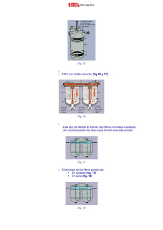 Fig. 15
o
o Filtro con doble cartucho (fig.16 y 17)
Fig. 16
o
Este tipo de filtrado lo forman dos filtros normales montados
uno a continuación del otro y que forman una sola unidad.
Fig. 17
o El montaje de los filtros puede ser:
En paralelo (fig. 17)
En serie (fig. 18)
Fig. 18
 