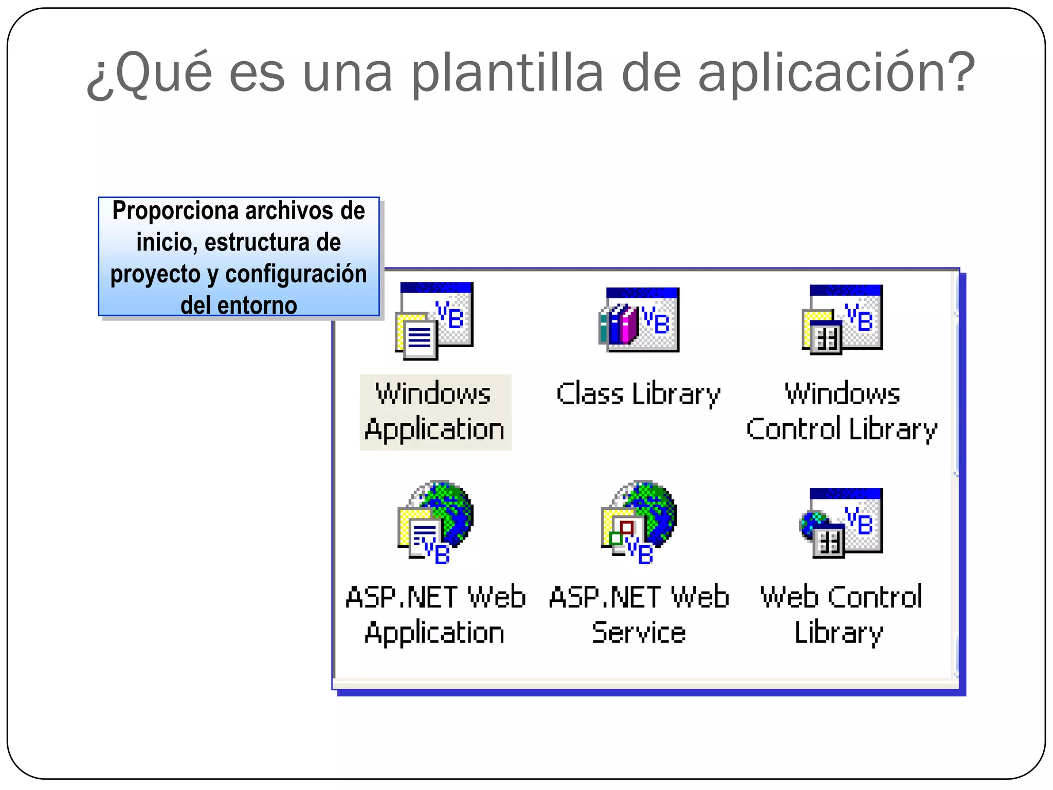 ¿Qué es una plantilla de aplicación?

 Proporciona archivos de
   inicio, estructura de
 proyecto y configuración
        del entorno
 