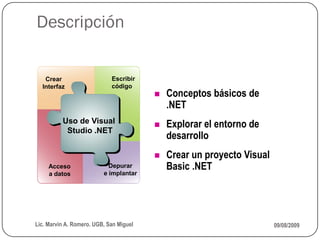 Descripción


   Crear                     Escribir
  Interfaz                   código
                                            Conceptos básicos de
                                             .NET
               Use Visual
          Uso de Visual
            Studio .NET                     Explorar el entorno de
           Studio .NET
                                             desarrollo
                                            Crear un proyecto Visual
     Acceso                 Depurar          Basic .NET
     a datos              e implantar




Lic. Marvin A. Romero. UGB, San Miguel                                  09/08/2009
 