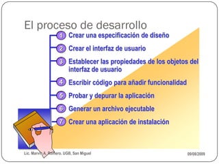 El proceso de desarrollo
                    1 Crear una especificación de diseño

                    2 Crear el interfaz de usuario

                    3 Establecer las propiedades de los objetos del
                         interfaz de usuario
                    4 Escribir código para añadir funcionalidad

                    5 Probar y depurar la aplicación

                    6 Generar un archivo ejecutable

                    7 Crear una aplicación de instalación




Lic. Marvin A. Romero. UGB, San Miguel                            09/08/2009
 