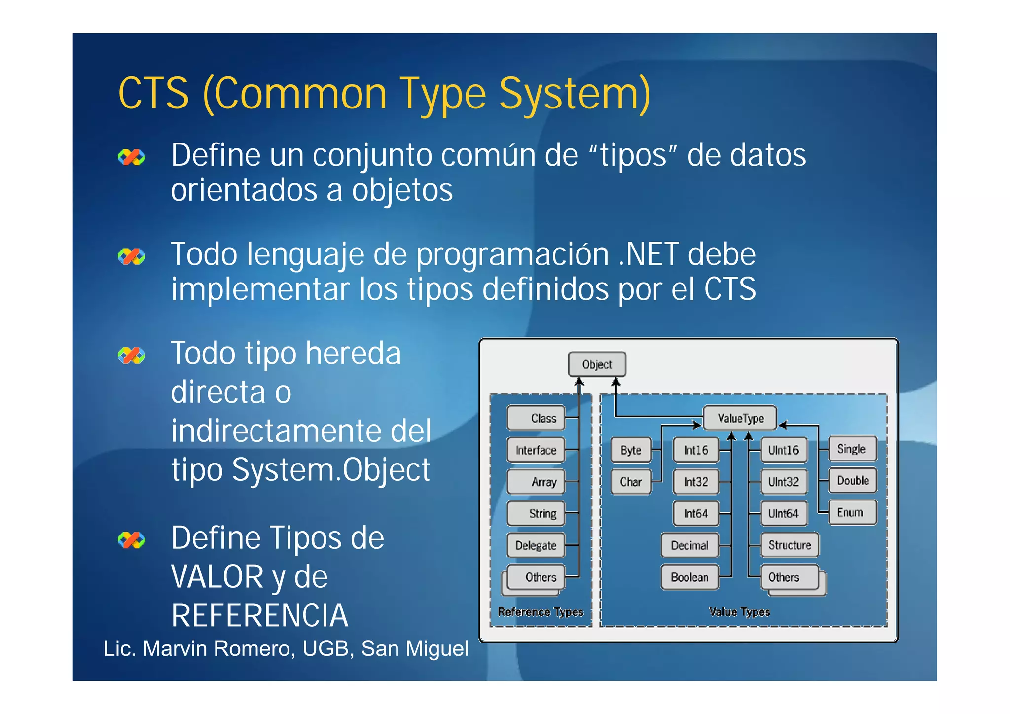 CTS (Common Type System)
      Define un conjunto común de “tipos” de datos
      orientados a objetos
      Todo lenguaje de programación .NET debe
      implementar los tipos definidos por el CTS
      Todo tipo hereda
      directa o
      indirectamente del
      tipo System.Object

      Define Tipos de
      VALOR y de
      REFERENCIA
Lic. Marvin Romero, UGB, San Miguel
 