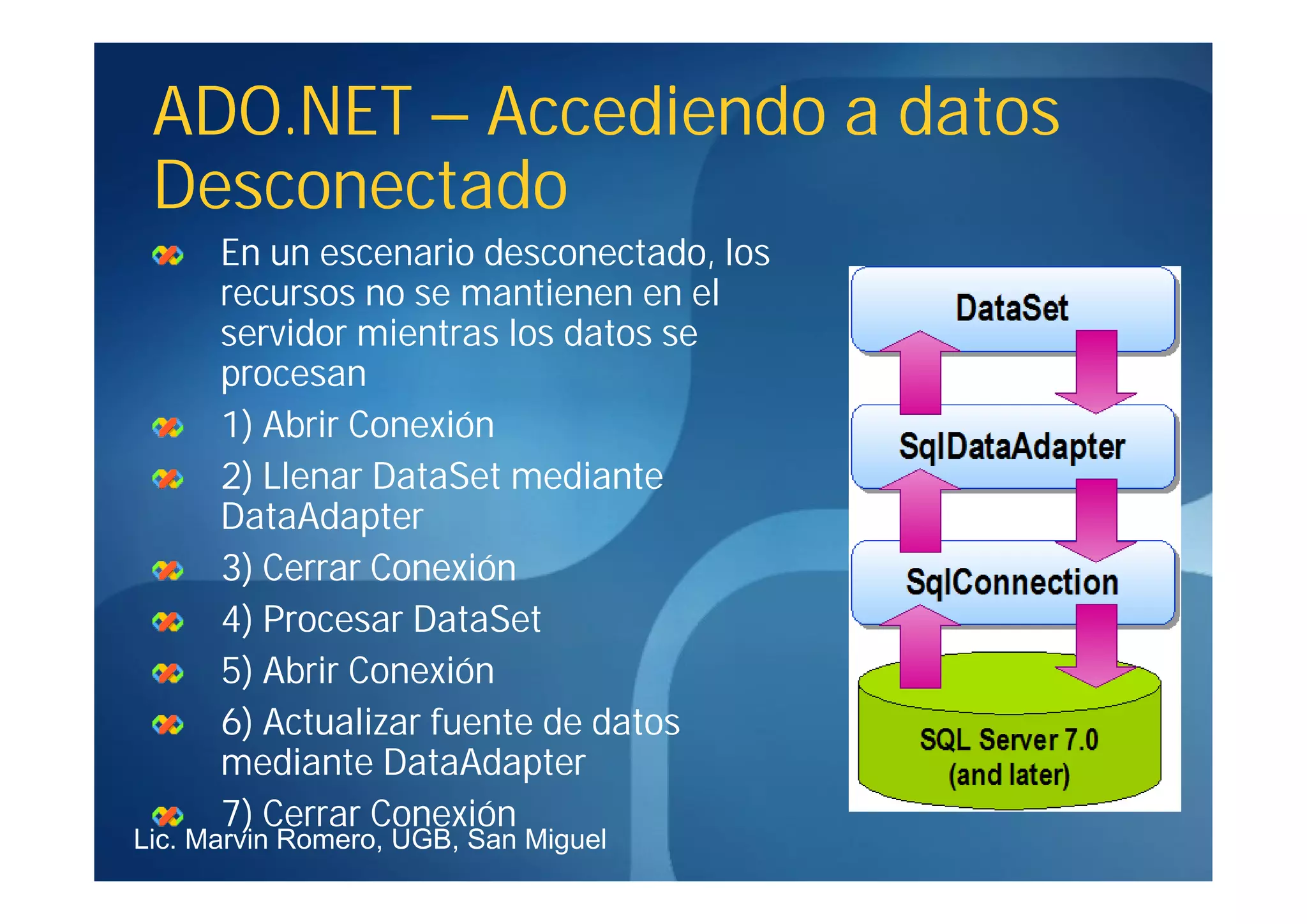 ADO.NET – Accediendo a datos
 Desconectado
      En un escenario desconectado, los
      recursos no se mantienen en el
      servidor mientras los datos se
      procesan
      1) Abrir Conexión
      2) Llenar DataSet mediante
      DataAdapter
      3) Cerrar Conexión
      4) Procesar DataSet
      5) Abrir Conexión
      6) Actualizar fuente de datos
      mediante DataAdapter
      7) Cerrar Conexión
Lic. Marvin Romero, UGB, San Miguel
 