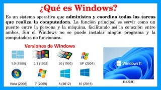 Es un sistema operativo que administra y coordina todas las tareas
que realiza la computadora. La función principal es servir como un
puente entre la persona y la máquina, facilitando así la conexión entre
ambos. Sin el Windows no se puede instalar ningún programa y la
computadora no funcionara.
¿Qué es Windows?
Versiones de Windows
11 (2021)
 
