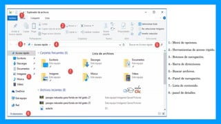 Lista de archivos
1.- Menú de opciones.
2.- Herramientas de acceso rápido.
3.- Botones de navegación.
4.- Barra de direcciones.
5.- Buscar archivos.
6.- Panel de navegación.
7.- Lista de contenido.
8.- panel de detalles.
 