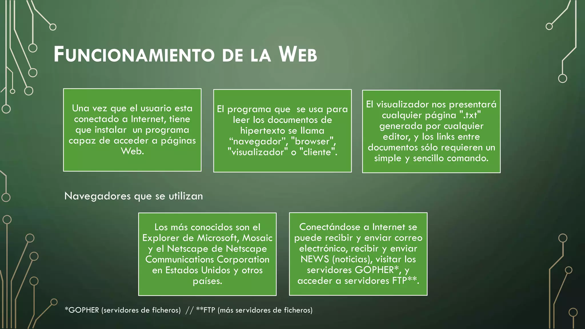 FUNCIONAMIENTO DE LA WEB
Una vez que el usuario esta
conectado a Internet, tiene
que instalar un programa
capaz de acceder a páginas
Web.
El programa que se usa para
leer los documentos de
hipertexto se llama
“navegador”, "browser",
"visualizador" o "cliente".
El visualizador nos presentará
cualquier página ".txt"
generada por cualquier
editor, y los links entre
documentos sólo requieren un
simple y sencillo comando.
Los más conocidos son el
Explorer de Microsoft, Mosaic
y el Netscape de Netscape
Communications Corporation
en Estados Unidos y otros
países.
Conectándose a Internet se
puede recibir y enviar correo
electrónico, recibir y enviar
NEWS (noticias), visitar los
servidores GOPHER*, y
acceder a servidores FTP**.
Navegadores que se utilizan
*GOPHER (servidores de ficheros) // **FTP (más servidores de ficheros)
 