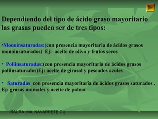 Dependiendo del tipo de ácido graso mayoritario 
las grasas pueden ser de tres tipos: 
•Monoinsaturadas:(con presencia mayoritaria de ácidos grasos 
monoinsaturados) Ej: aceite de oliva y frutos secos 
• Poliinsaturadas:(con presencia mayoritaria de ácidos grasos 
poliinsaturados)Ej: aceite de girasol y pescados azules 
• Saturadas con presencia mayoritaria de ácidos grasos saturados . 
Ej: grasas animales y aceite de palma 
ISAURA MA. NAVARRET E CU 
 