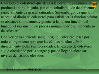 Casi todo el colesterol que llega a la corriente sanguínea es 
producido por el hígado, por el metabolismo de de alimentos, 
especialmente de grasas saturadas. Sin embargo, ya que la 
necesidad diaria de colesterol para satisfacer la función celular 
se abastece sobradamente gracias a la misma función del 
hígado, el organismo no precisa ningún aporte suplementario 
de colesterol. 
Una vez en la corriente sanguínea, el colesterol pasa por 
todo el organismo para que las células puedan cubrir 
directamente todas sus necesidades. El exceso de colesterol 
sigue circulando por la sangre y puede llegar a alcanzar 
niveles demasiado elevados. 
ISAURA MA. NAVARRET E CU 
 