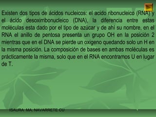 Existen dos tipos de ácidos nucleicos: el acido ribonucleico (RNA) y 
el ácido desoxirribonucleico (DNA), la diferencia entre estas 
moléculas esta dado por el tipo de azúcar y de ahí su nombre, en el 
RNA el anillo de pentosa presenta un grupo OH en la posición 2 
mientras que en el DNA se pierde un oxigeno quedando solo un H en 
la misma posición. La composición de bases en ambas moléculas es 
prácticamente la misma, solo que en el RNA encontramos U en lugar 
de T. 
ISAURA MA. NAVARRET E CU 
 