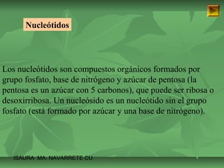 Nucleótidos 
Los nucleótidos son compuestos orgánicos formados por 
grupo fosfato, base de nitrógeno y azúcar de pentosa (la 
pentosa es un azúcar con 5 carbonos), que puede ser ribosa o 
desoxirribosa. Un nucleósido es un nucleótido sin el grupo 
fosfato (está formado por azúcar y una base de nitrógeno). 
ISAURA MA. NAVARRET E CU 
 