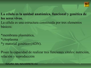 La célula es la unidad anatómica, funcional y genética de 
los seres vivos. 
La célula es una estructura constituida por tres elementos 
básicos: 
*membrana plasmática, 
*citoplasma 
*y material genético (ADN). 
Posee la capacidad de realizar tres funciones vitales: nutrición, 
relación y reproducción 
ISAURA MA. NAVARRET E CU 
 