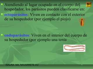  Atendiendo al lugar ocupado en el cuerpo del 
hospedador, los parásitos pueden clasificarse en: 
 ectoparásitos: Viven en contacto con el exterior 
de su hospedador (por ejemplo el piojo) 
 endoparásitos: Viven en el interior del cuerpo de 
su hospedador (por ejemplo una tenia 
ISAURA MA. NAVARRET E CU 
 