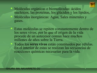  Moléculas orgánicas o biomoléculas: ácidos 
nucleicos, las proteínas, los glúcidos y los lípidos. 
 Moléculas inorgánicas: Agua, Sales minerales y 
gases. 
 Estas moléculas se repiten constantemente dentro de 
los seres vivos, por lo que el origen de la vida 
procede de un antecesor común hace muchos 
millones de años sobre la Tierra. 
 Todos los seres vivos están constituidos por células. 
En el interior de estas se realizan las secuencias de 
reacciones químicas necesarias para la vida. 
ISAURA MA. NAVARRET E CU 
 