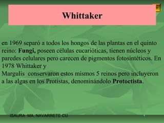Whittaker 
en 1969 separó a todos los hongos de las plantas en el quinto 
reino: Fungi, poseen células eucarióticas, tienen núcleos y 
paredes celulares pero carecen de pigmentos fotosintéticos. En 
1978 Whittaker y 
Margulis conservaron estos mismos 5 reinos pero incluyeron 
a las algas en los Protistas, denominándolo Protoctista. 
ISAURA MA. NAVARRET E CU 
 