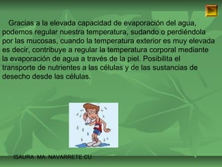 Gracias a la elevada capacidad de evaporación del agua, 
podemos regular nuestra temperatura, sudando o perdiéndola 
por las mucosas, cuando la temperatura exterior es muy elevada 
es decir, contribuye a regular la temperatura corporal mediante 
la evaporación de agua a través de la piel. Posibilita el 
transporte de nutrientes a las células y de las sustancias de 
desecho desde las células. 
ISAURA MA. NAVARRET E CU 
 