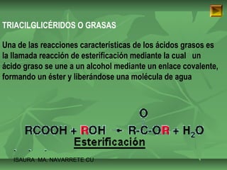 TRIACILGLICÉRIDOS O GRASAS 
Una de las reacciones características de los ácidos grasos es 
la llamada reacción de esterificación mediante la cual un 
ácido graso se une a un alcohol mediante un enlace covalente, 
formando un éster y liberándose una molécula de agua 
ISAURA MA. NAVARRET E CU 
 