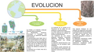 EVOLUCION
ORIGEN DE
LAS
ESPECIES
MECANISMOS
EVOLUTIVOS
EVOLUCIÓN DE
LA TIERRA
Los fósiles y la datación molecular
informan sobre la evolución
La Biogeografía, Anatomía,
Embriología y Fisiología nos
proporcionan un testimonio adicional
de la evolución
La quimiosíntesis pudo haber sido el
primer acontecimiento en el origen de
la vida sobre la Tierra Los procariotas
fueron la forma de vida predominante
durante más de mil millones de años
La tectónica de placas y los ciclos
celestes han definido la evolución en
la Tierra
La extinción es un factor más de la
vida en la Tierra
La evolución es un cambio en la
frecuencia de los alelos de una
población a través del tiempo
La mayor parte de los organismos
posee el potencial de producir un
exceso de descendientes
Los individuos de una misma
población presentan numerosas
diferencias fenotípicas Algunos
rasgos confieren una ventaja
adaptativa
La selección natural favorece a los
individuos con los fenotipos mejor
adaptados
La evolución puede producirse de
forma rápida En la coevolución, dos
especies evolucionan en respuesta
mutua
Una especie biológica es una
población de organismos que posee
la capacidad potencial de engendrar
entre ellos nuevos miembros Tanto
la selección natural como el
aislamiento geográfico conducen a
la especiación
El aislamiento reproductivo puede
ser prezigótico o postzigótico
El aislamiento reproductivo en
poblaciones simpátricas puede
producirse por poliploidía
 