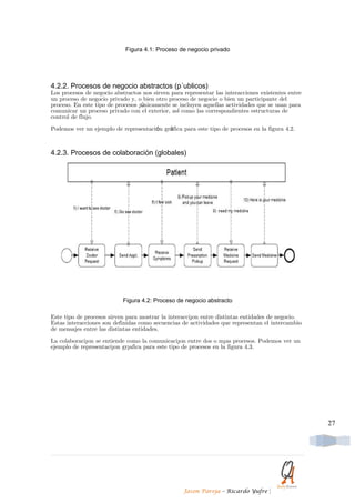 Figura 4.1: Proceso de negocio privado




4.2.2. Procesos de negocio abstractos (p´ublicos)
Los procesos de negocio abstractos nos sirven para representar las interacciones existentes entre
un proceso de negocio privado y, o bien otro proceso de negocio o bien un participante del
proceso. En este tipo de procesos ´únicamente se incluyen aquellas actividades que se usan para
comunicar un proceso privado con el exterior, así como las correspondientes estructuras de
control de flujo.

Podemos ver un ejemplo de representación gráfica para este tipo de procesos en la figura 4.2.



4.2.3. Procesos de colaboración (globales)




                           Figura 4.2: Proceso de negocio abstracto

Este tipo de procesos sirven para mostrar la interacci´on entre distintas entidades de negocio.
Estas interacciones son definidas como secuencias de actividades que representan el intercambio
de mensajes entre las distintas entidades.

La colaboraci´on se entiende como la comunicaci´on entre dos o m´as procesos. Podemos ver un
ejemplo de representaci´on gr´afica para este tipo de procesos en la figura 4.3.




                                                                                                    27




                                                   Jason Pareja – Ricardo Yufre     |
 