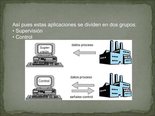 Así pues estas aplicaciones se dividen en dos grupos:
• Supervisión
• Control
 