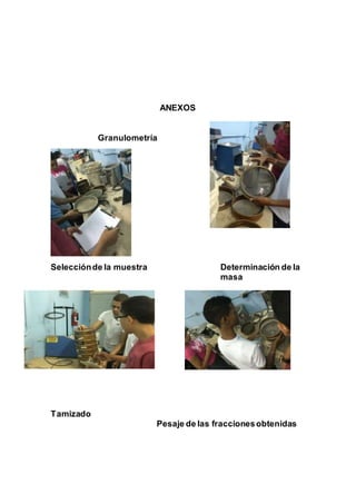 ANEXOS
Granulometría
Selecciónde la muestra Determinación de la
masa
Tamizado
Pesaje de las fraccionesobtenidas
 
