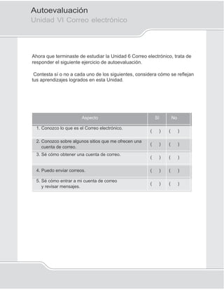 132
Autoevaluación
Unidad VI Correo electrónico
Ahora que terminaste de estudiar la Unidad 6 Correo electrónico, trata de
responder el siguiente ejercicio de autoevaluación.
Contesta sí o no a cada uno de los siguientes, considera cómo se reﬂejan
tus aprendizajes logrados en esta Unidad.
Aspecto Sí No
1. Conozco lo que es el Correo electrónico.
( ) ( )
2. Conozco sobre algunos sitios que me ofrecen una
cuenta de correo.
( ) ( )
3. Sé cómo obtener una cuenta de correo.
( ) ( )
4. Puedo enviar correos. ( ) ( )
5. Sé cómo entrar a mi cuenta de correo
y revisar mensajes.
( ) ( )
 