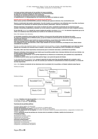 L R. Dpto. Independencia. Patquia. C.P.A.B. 3er año del polimodal. Prof. Avila Pablo Mario.
                                          Ciencia Política. Introducción a la Ciencia Política.



Las bases sociales tradicionales de los partidos de masas socialistas.
La expansión económica disfraza las diferencias y los enfrentamientos.
Se pasa de una sociedad conflictual a otra consensual.
Los medios de comunicación favorecen la personalidad del poder.
La despolitización y la desideologización son elementos que deben ser tenidos en cuenta.

Ejemplo típico es el de SPD (Partido social demócrata de Alemania)
Estos nuevos partidos ACAPARADORES, perderán militantes pero ganaran electores. Sus características son:

Buscan un electorado más amplio, interclasista. Con ello el poder ya no pertenece a los militantes sino a las elites. Les llevara
a incrementar sus relaciones con distintos grupos de presión, potenciales “reservas” de electores.

Ofrecen programas “de agregación” para atraer el máximo de votos, recogiendo la demanda de muy diversos grupos
sociales. Los partidos acaparadores coexisten con los de cuadros y masas y se pueden encontrar en todo el espectro político.

En los años 90, Richard Katz estudia los nuevos modelos de partido y los llama partido cartel. Un elemento importante que va ha
influir en la tendencia hacia este partido es el cambio en los medios de comunicación.

Katz y Mair destacan cinco elementos:

La estrategia competitiva actual exige que los líderes y la burocracia del partido tenga más libertad de acción.
Se reduce la importancia de la militancia activa, ya que los medios de comunicación se convierte en el principal canal de
comunicación electoral.
Pierde interés la militancia como fuente de recursos económicos, ya que tienen otros medios más eficaces.
Esta más orientado hacia el liderazgo y más alejado de la vida diaria de la sociedad.
Los ciudadanos al tener más educación y estar mejor dotados de recursos económicos y de tiempo de ocio, tienen menos
necesidad de los partidos.

Pero hay un cambio más importante todavía: el de la relación entre los partidos y el Estado. Los partidos pasan a ser cada vez menos
agentes de la sociedad civil actuando sobre el Estado y más brokers, intermediarios, entre la sociedad civil y el Estado.

Para Katz y Mair esto tiene importantes consecuencias para la evolución naturaleza y actividad de los partidos.

Situación de Brokers (Intermedarios) que implica que los partidos pueden tener intereses distintos de los de sus clientes. Los
partidos pueden obtener comisiones.
La capacidad de intermediación de un partido depende de su influencia en el electorado, pero también de su capacidad de
manipular el Estado.
La tendencia parece indicar que los partidos podrían llegar a ser parte del aparato del Estado.

Es más adecuado hablar de Partidos Cartel, porque la aparición de este nuevo tipo de partido depende de la colusión y de la
cooperación entre competidores, así como de acuerdos que necesitan el consentimiento de todos los partidos, o al menos de
los más importantes.

Kaitz y Mair ilustran la evolución de las relaciones entre la sociedad civil, los partidos y el Estado mediante estas figuras

Partidos de Cuadros


                                                Socie. Civil
                                                                    Partidos

Partidos de Masas                                                                        Estado

                              Sociedad Civil                                                     Estado
                                                              Partidos
Partidos de Cartel



                                   Socie. Civil
                                                                        Partidos                   Estado


Duverger: Establece otro tipo de partidos, los intermedios:
Los partidos indirectos: Labour británico
Los de países en desarrollo: Los Africanos

Funciones de los partidos políticos

Funciones clásicas ligadas a las elecciones:
Función programatica: crear y mantener la conciencia y el debate político.
Función de reclutamiento político: Contribuyen así a reclutar a la elite política.
Función de organización de los elegidos: La cumplen los partidos mediante los grupos parlamentarios, y asegurando el contacto entre
elegidos y electores.
Coratelo, partiendo de que los partidos son vínculos entre la sociedad y el Estado, clasifica las funciones en:
Funciones sociales:
La socialización política
Movilización de la opinión pública
Representación de intereses
Legitimación del sistema político
Funciones Institucionales:
Reclutamiento y selección de elites
Organización de las elecciones
Organización y composición del parlamento
Composición y funcionamiento del gobierno




Página 33 de 40
 