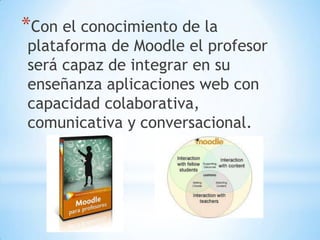 *Con el conocimiento de la

plataforma de Moodle el profesor
será capaz de integrar en su
enseñanza aplicaciones web con
capacidad colaborativa,
comunicativa y conversacional.

 