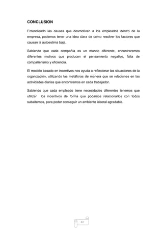 CONCLUSION
Entendiendo las causas que desmotivan a los empleados dentro de la
empresa, podemos tener una idea clara de cómo resolver los factores que
causan la autoestima baja.
Sabiendo que cada compañía es un mundo diferente, encontraremos
diferentes motivos que producen el pensamiento negativo, falta de
compañerismo y eficiencia.
El modelo basado en incentivos nos ayuda a reflexionar las situaciones de la
organización, utilizando las metáforas de manera que se relaciones en las
actividades diarias que encontremos en cada trabajador.
Sabiendo que cada empleado tiene necesidades diferentes tenemos que
utilizar

los incentivos de forma que podamos relacionarlos con todos

subalternos, para poder conseguir un ambiente laboral agradable.

13

 