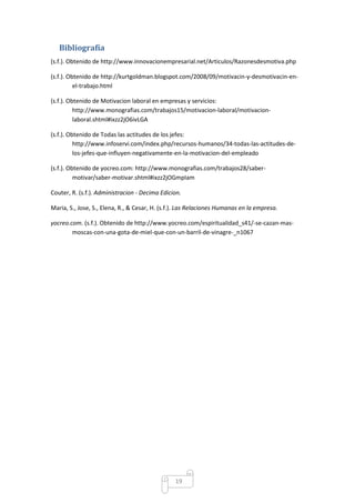 Bibliografía
(s.f.). Obtenido de http://www.innovacionempresarial.net/Articulos/Razonesdesmotiva.php
(s.f.). Obtenido de http://kurtgoldman.blogspot.com/2008/09/motivacin-y-desmotivacin-enel-trabajo.html
(s.f.). Obtenido de Motivacion laboral en empresas y servicios:
http://www.monografias.com/trabajos15/motivacion-laboral/motivacionlaboral.shtml#ixzz2jO6ivLGA
(s.f.). Obtenido de Todas las actitudes de los jefes:
http://www.infoservi.com/index.php/recursos-humanos/34-todas-las-actitudes-delos-jefes-que-influyen-negativamente-en-la-motivacion-del-empleado
(s.f.). Obtenido de yocreo.com: http://www.monografias.com/trabajos28/sabermotivar/saber-motivar.shtml#ixzz2jOGmpIam
Couter, R. (s.f.). Administracion - Decima Edicion.
Maria, S., Jose, S., Elena, R., & Cesar, H. (s.f.). Las Relaciones Humanas en la empresa.
yocreo.com. (s.f.). Obtenido de http://www.yocreo.com/espiritualidad_s41/-se-cazan-masmoscas-con-una-gota-de-miel-que-con-un-barril-de-vinagre-_n1067

19

 