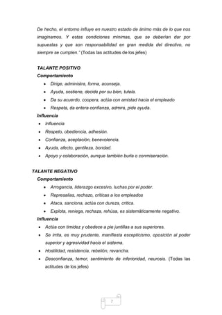 De hecho, el entorno influye en nuestro estado de ánimo más de lo que nos
imaginamos. Y estas condiciones mínimas, que se deberían dar por
supuestas y que son responsabilidad en gran medida del directivo, no
siempre se cumplen.” (Todas las actitudes de los jefes)

TALANTE POSITIVO
Comportamiento
Dirige, administra, forma, aconseja.
Ayuda, sostiene, decide por su bien, tutela.
Da su acuerdo, coopera, actúa con amistad hacia el empleado
Respeta, da entera confianza, admira, pide ayuda.
Influencia
Influencia
Respeto, obediencia, adhesión.
Confianza, aceptación, benevolencia.
Ayuda, afecto, gentileza, bondad.
Apoyo y colaboración, aunque también burla o conmiseración.

TALANTE NEGATIVO
Comportamiento
Arrogancia, liderazgo excesivo, luchas por el poder.
Represalias, rechazo, críticas a los empleados
Ataca, sanciona, actúa con dureza, critica.
Explota, reniega, rechaza, rehúsa, es sistemáticamente negativo.
Influencia
Actúa con timidez y obedece a pie juntillas a sus superiores.
Se irrita, es muy prudente, manifiesta escepticismo, oposición al poder
superior y agresividad hacia el sistema.
Hostilidad, resistencia, rebelión, revancha.
Desconfianza, temor, sentimiento de inferioridad, neurosis. (Todas las
actitudes de los jefes)

7

 