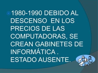 1980-1990DEBIDO AL
 DESCENSO EN LOS
 PRECIOS DE LAS
 COMPUTADORAS, SE
 CREAN GABINETES DE
 INFORMÁTICA .
 ESTADO AUSENTE.
 