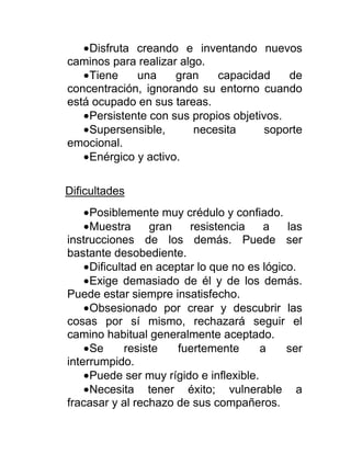 Disfruta creando e inventando nuevos
caminos para realizar algo.
Tiene una gran capacidad de
concentración, ignorando su entorno cuando
está ocupado en sus tareas.
Persistente con sus propios objetivos.
Supersensible, necesita soporte
emocional.
Enérgico y activo.
Dificultades
Posiblemente muy crédulo y confiado.
Muestra gran resistencia a las
instrucciones de los demás. Puede ser
bastante desobediente.
Dificultad en aceptar lo que no es lógico.
Exige demasiado de él y de los demás.
Puede estar siempre insatisfecho.
Obsesionado por crear y descubrir las
cosas por sí mismo, rechazará seguir el
camino habitual generalmente aceptado.
Se resiste fuertemente a ser
interrumpido.
Puede ser muy rígido e inflexible.
Necesita tener éxito; vulnerable a
fracasar y al rechazo de sus compañeros.
 