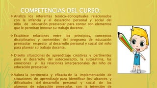COMPETENCIAS DEL CURSO:
 Analiza los referentes teórico-conceptuales relacionados
con la infancia y el desarrollo personal y social del
niño de educación preescolar para contar con elementos
que le permitan innovar su trabajo docente.
 Establece relaciones entre los principios, conceptos
disciplinarios y contenidos del programa de educación
preescolar respecto al desarrollo personal y social del niño
para planear su trabajo docente.
 Diseña situaciones de aprendizaje creativas y pertinentes
para el desarrollo del autoconcepto, la autoestima, las
emociones y las relaciones interpersonales del niño de
educación preescolar.
 Valora la pertinencia y eficacia de la implementación de
situaciones de aprendizaje para identificar los alcances y
dificultades del desarrollo personal y social de los
alumnos de educación preescolar, con la intención de
 