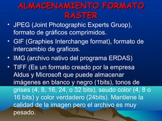 ALMACENAMIENTO FORMATOALMACENAMIENTO FORMATO
RASTERRASTER
• JPEG (Joint Photographic Experts Gruop),
formato de gráficos comprimidos.
• GIF (Graphies Interchange format), formato de
intercambio de graficos.
• IMG (archivo nativo del programa ERDAS)
• TIFF (Es un formato creado por la empresa
Aldus y Microsoft que puede almacenar
imágenes en blanco y negro (1bits), tonos de
grises (4, 8, 16, 24, o 32 bits), seudo color (4, 8 o
16 bits) y color verdadero (24bits). Mantiene la
calidad de la imagen pero el archivo es muy
pesado.
 