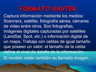 FORMATO RASTERFORMATO RASTER
Captura información mediante los medios:
Scanners, satélite, fotografía aérea, cámaras
de video entre otros. Son fotografías,
imágenes digitales capturadas por satélites
(LandSat, Spot, etc.) o información digital de
un mapa. Trabaja con celdas de igual tamaño
que poseen un valor; el tamaño de la celda
define el nivel de detalle de la información.
El modelo raster también es llamado imagen.
 