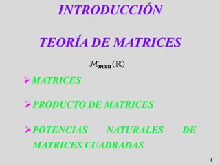 1
INTRODUCCIÓN
TEORÍA DE MATRICES
➢MATRICES
➢PRODUCTO DE MATRICES
➢POTENCIAS NATURALES DE
MATRICES CUADRADAS
 