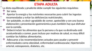 ETAPA ADULTA
La dieta equilibrada y prudente debe cumplir los siguientes requisitos:
 Ser sana.
 Aportar la energía y los nutrientes necesarios para cubrir las ingestas
recomendadas y evitar las deficiencias nutricionales.
 Ser palatable, es decir agradable de comer, apetecible y con una buena
elaboración y presentación gastronómica pues también hay que disfrutar
con la comida.
 Deberá incluir los alimentos que la persona a la que va destinada esté
acostumbrada a comer, pues incluso por motivos de salud, es muy difícil
cambiar los hábitos alimentarios.
 Adecuarse a las recomendaciones actuales para ayudar a prevenir
enfermedades como obesidad, enfermedad cardiovascular, hipertensión
arterial, osteoporosis, diabetes, etc.
 