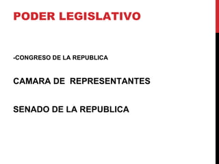 PODER LEGISLATIVO


-CONGRESO DE LA REPUBLICA


CAMARA DE REPRESENTANTES


SENADO DE LA REPUBLICA
 