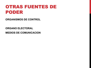 OTRAS FUENTES DE
PODER
ORGANISMOS DE CONTROL


ORGANO ELECTORAL
MEDIOS DE COMUNICACION
 