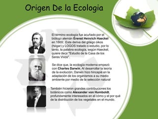 Origen De la Ecologia
. También hicieron grandes contribuciones los
botánicos como Alexander von Humboldt,
profundamente interesados en el cómo y el por qué
de la distribución de los vegetales en el mundo.
El término ecología fue acuñado por el
biólogo alemán Erenst Heinrich Haeckel
en 1869; Esta deriva del griego oikos
(hogar) y LOGOS tratado o estudio, por lo
tanto, la palabra ecología, según Haeckel,
quiere decir "Estudio de la Casa de los
Seres Vivos".
Se dice que, la ecología moderna empezó
con Charles Darwin. Al desarrollar la teoría
de la evolución, Darwin hizo hincapié en la
adaptación de los organismos a su medio
ambiente por medio de la selección natural
 